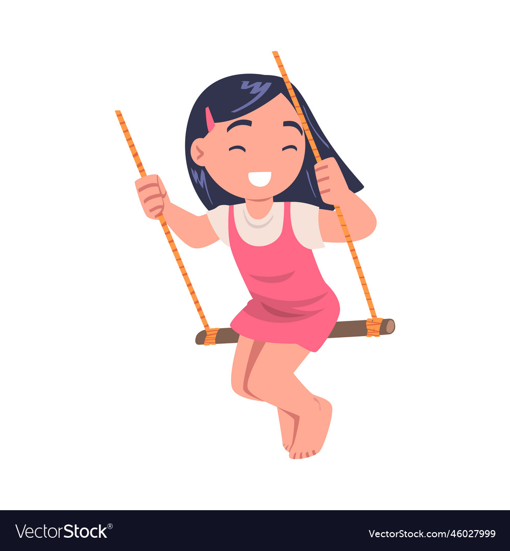 Smiling little brunette girl swinging on swing