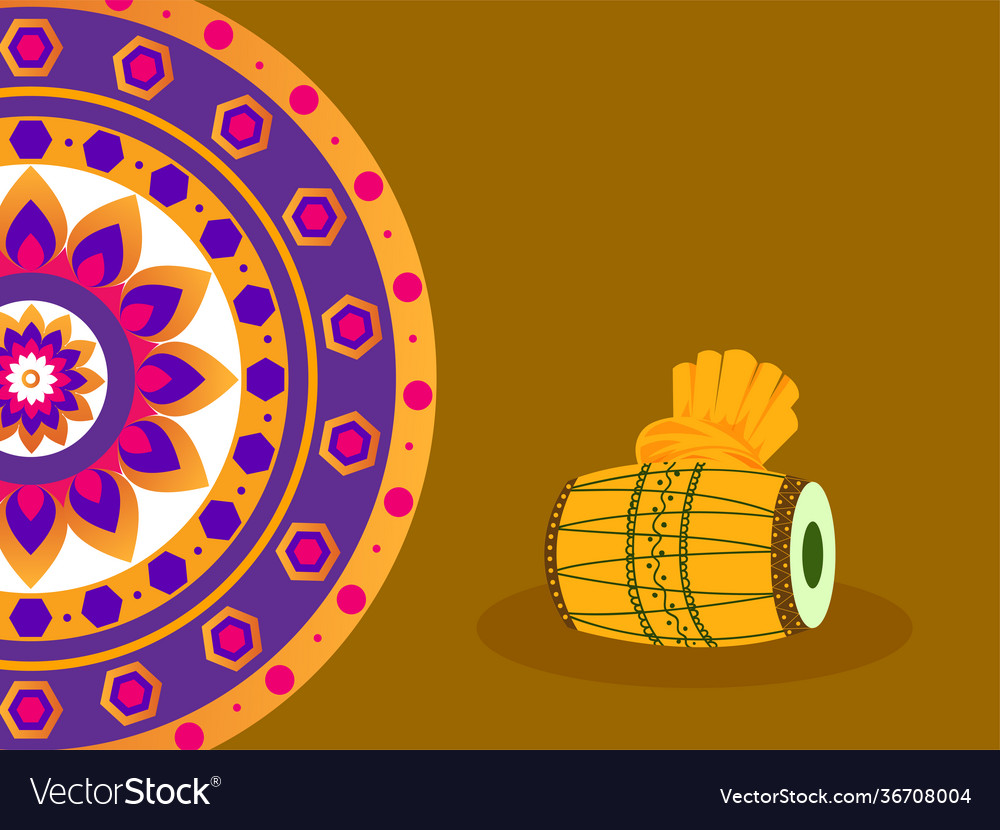 Dhol instrument with turban and rangoli Royalty Free Vector