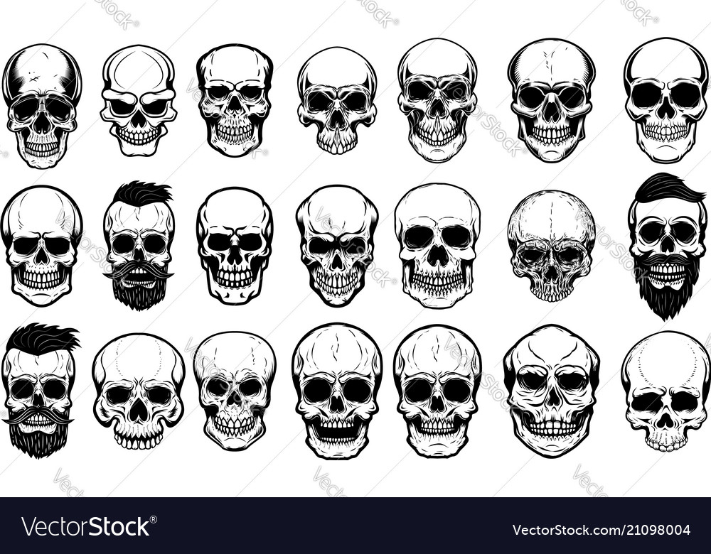 Set of human skull on white background design