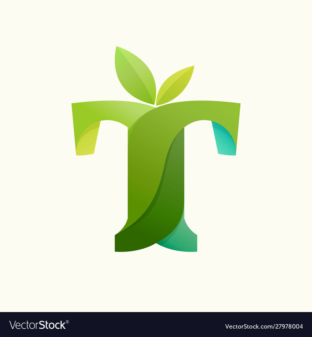 Swirling letter t logo with green leaves Vector Image