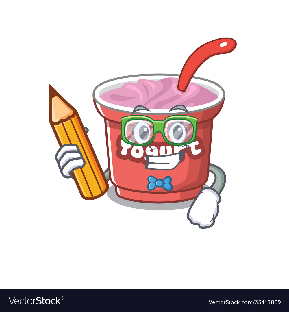 A smart student yogurt character holding pencil