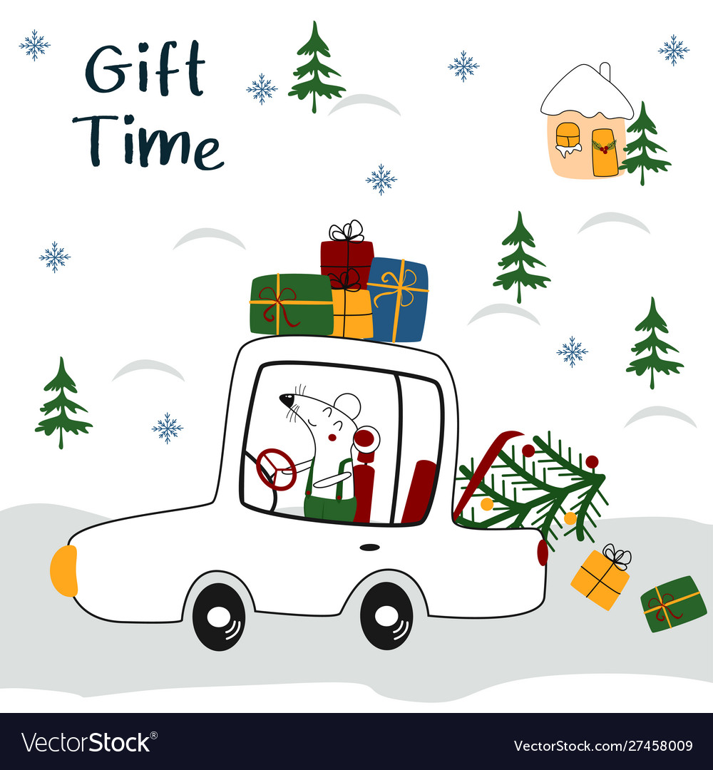 Gift time poster with rat in car