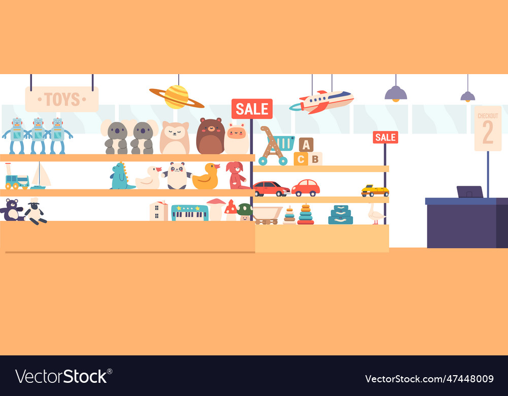 Toys shop showcase displaying wide array vector image Toys shop showcase displaying wide array