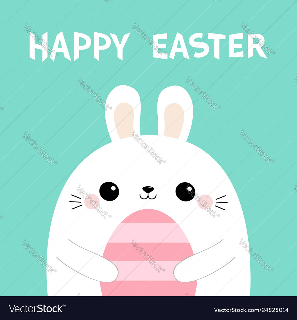 Happy easter bunny rabbit holding pink striped