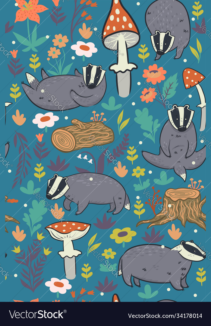 Seamless pattern with forest badgers vector image Seamless pattern with forest badgers
