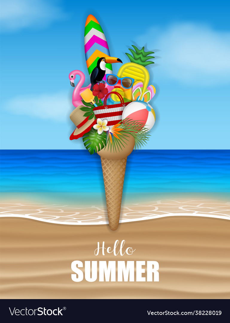 Hello summer poster with beach elements