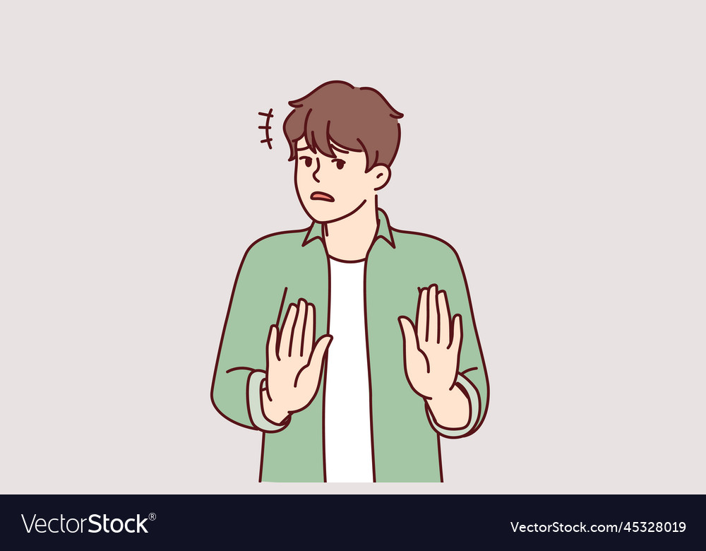 Puzzled man stretches out hands calls to stop Vector Image