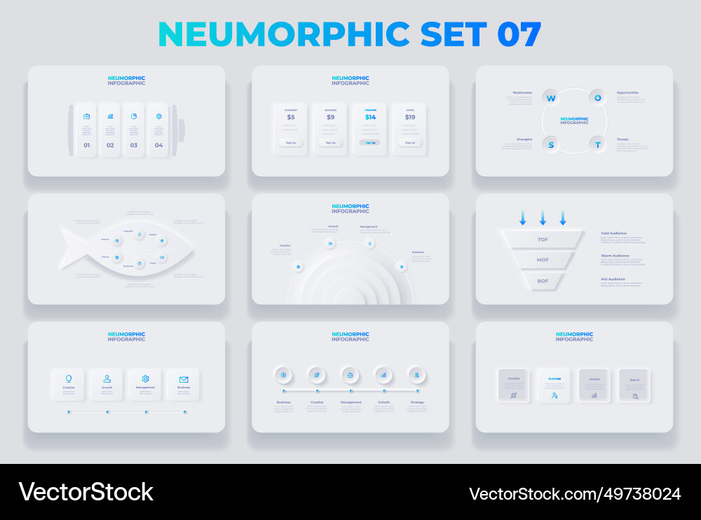 Neumorphism infographics elements set with 3 4 Vector Image