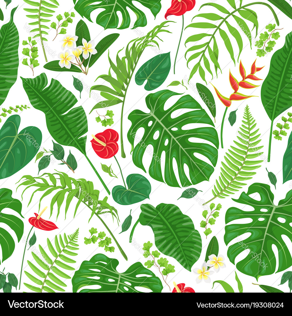Tropical leaves and flowers pattern Royalty Free Vector