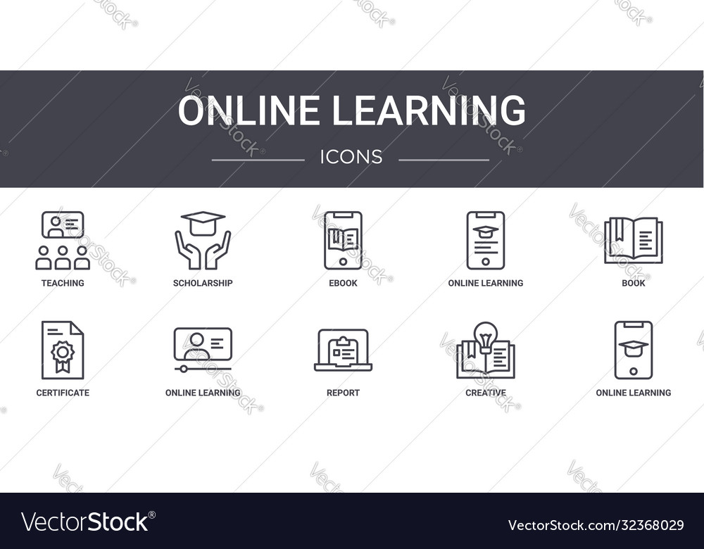 Online learning concept line icons set contains