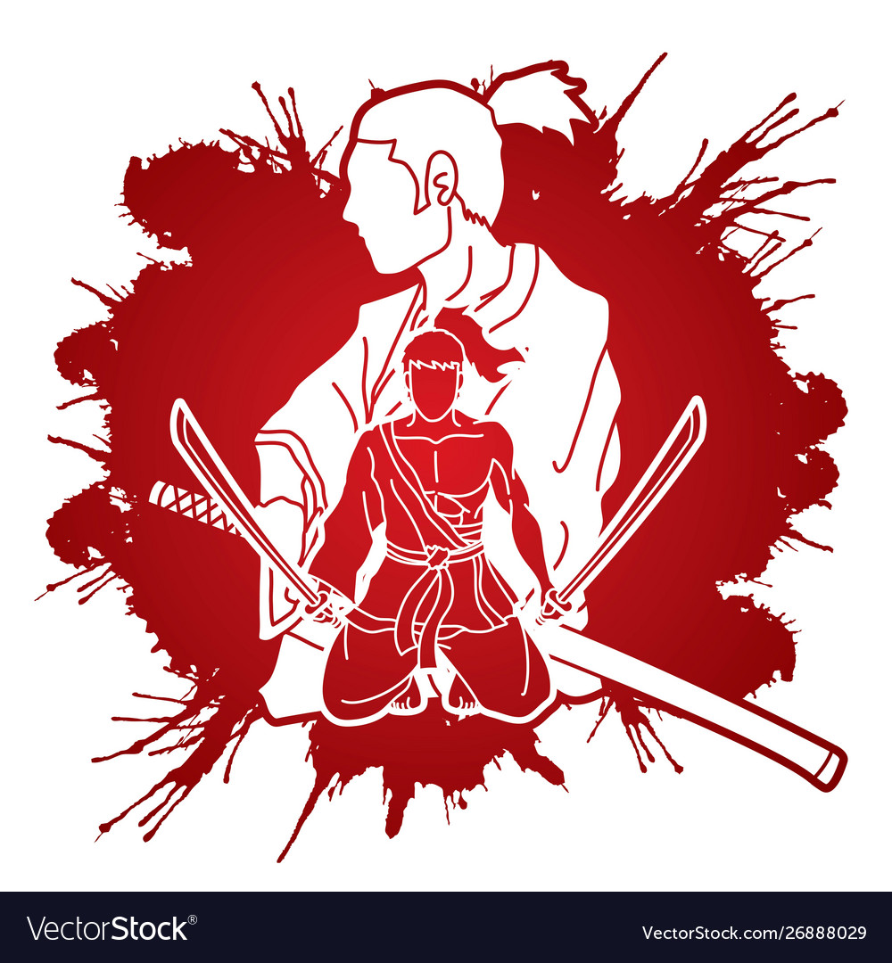 Samurai warriors with swords action cartoon Vector Image