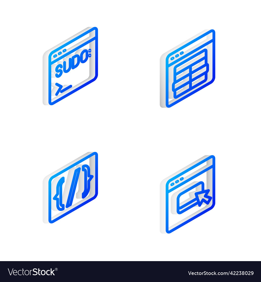 Set isometric line mysql code terminal vector image Set isometric line mysql code terminal