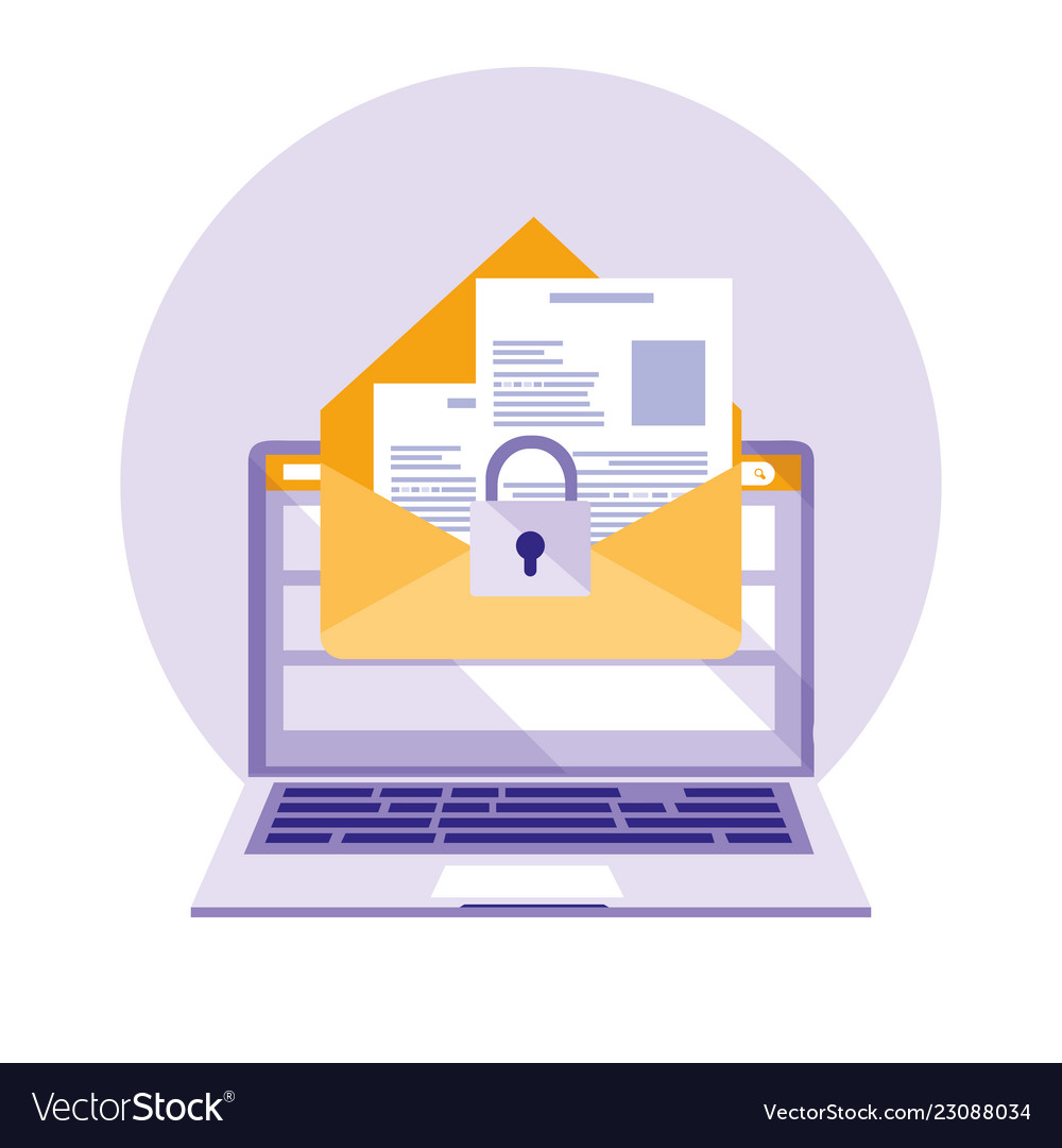 Laptop computer with envelope mail and padlock