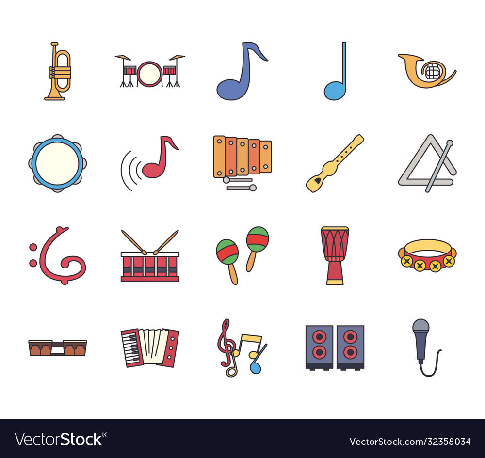 Music instruments line and fill style icon set