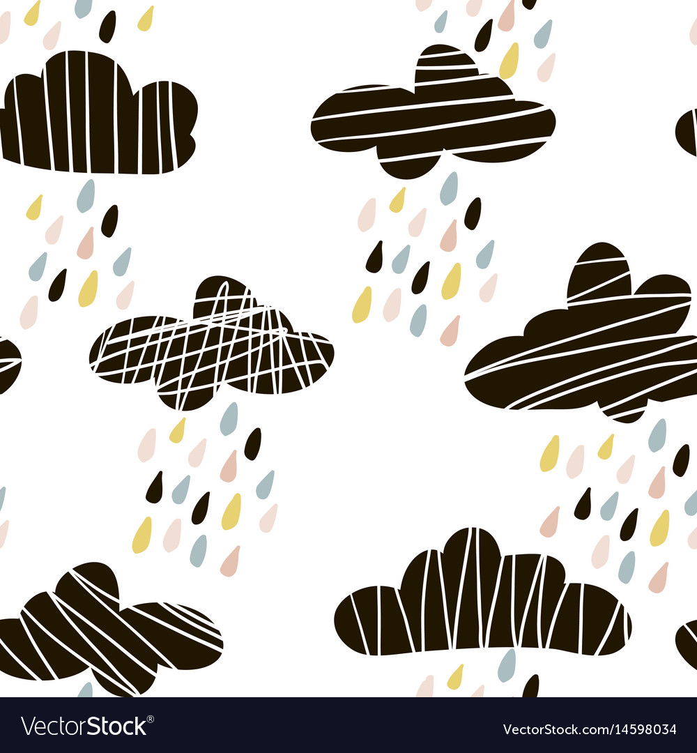 Seamless pattern with clouds and hand drawn shapes