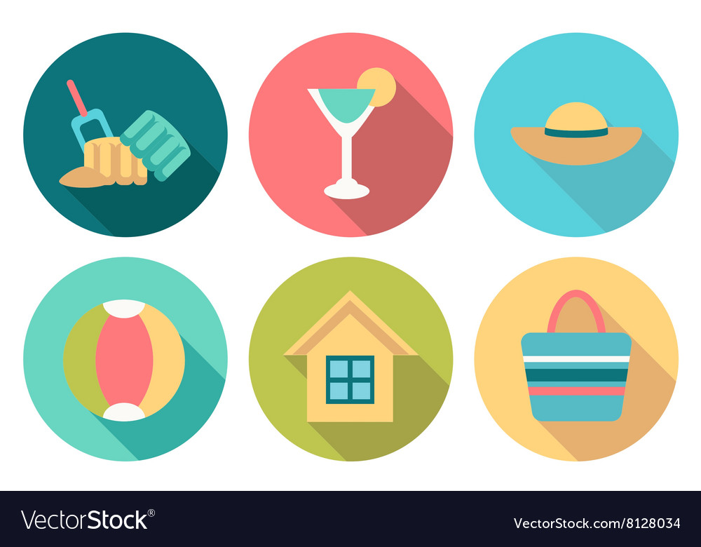 Set of flat round summer icons with shadow