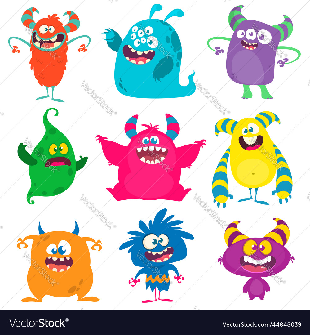 Funny cartoon creatures set of cartoon monsters Vector Image