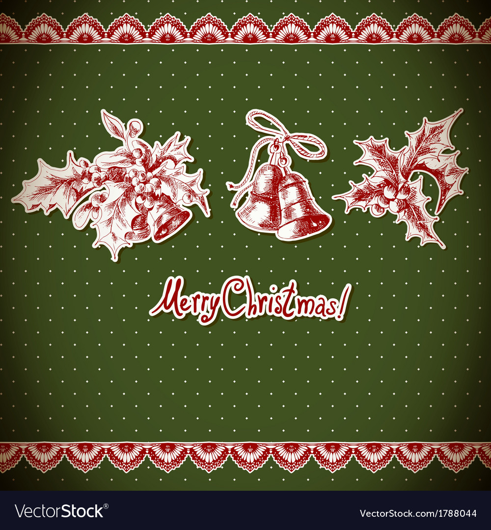 Christmas holly and bell vintage background Vector Image