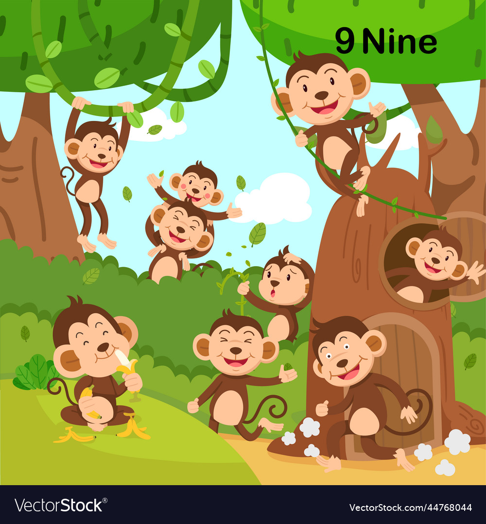Flashcard number nine with 9 monkey learning vector image Flashcard number nine with 9 monkey learning