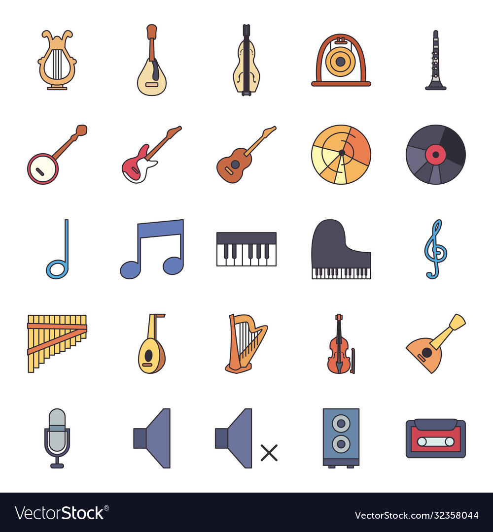 Music instruments line and fill style icon set