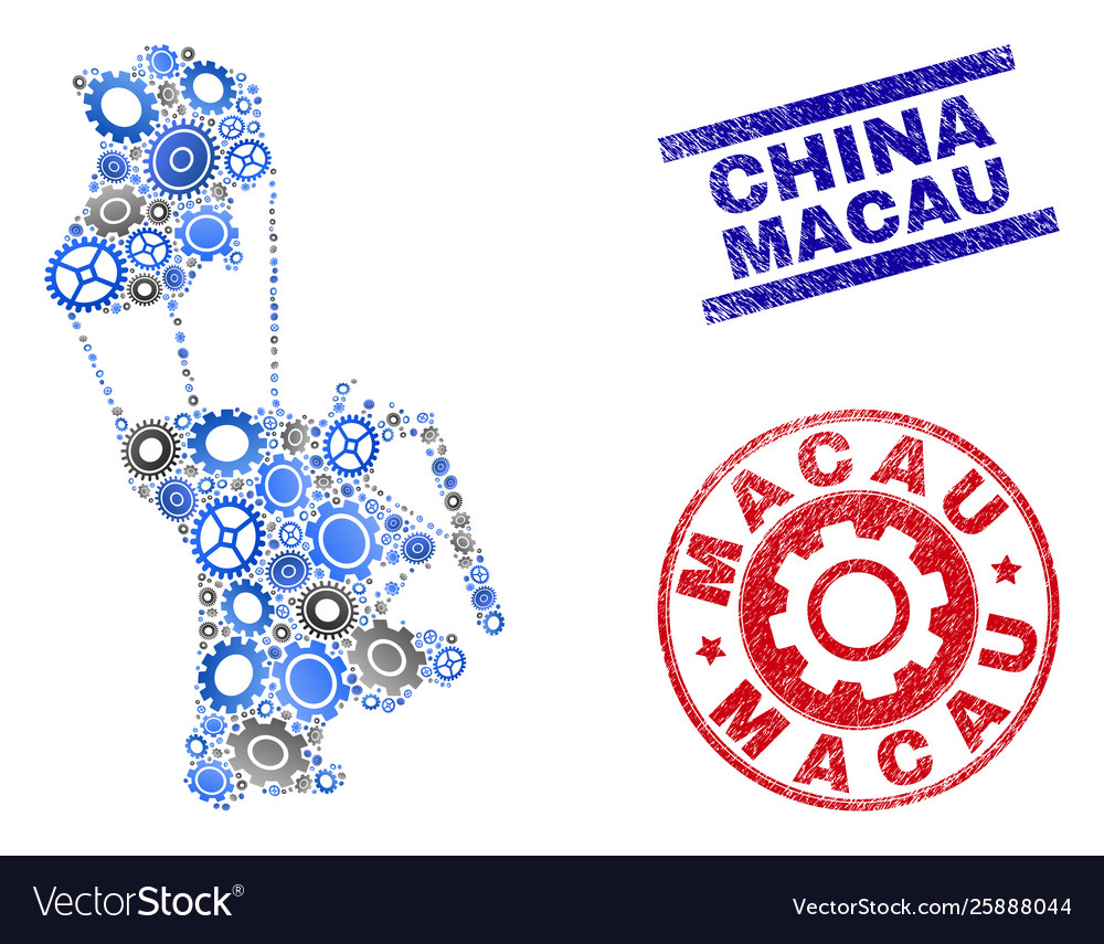 Service collage macau map and grunge stamps