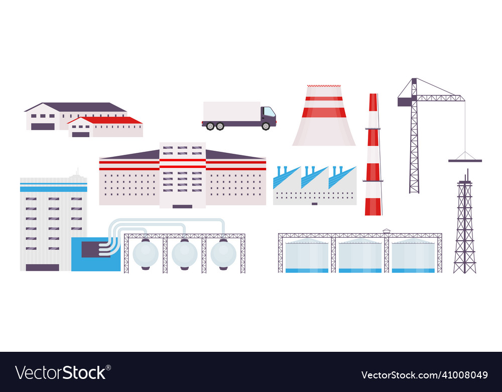 Industrial factory flat color objects set power