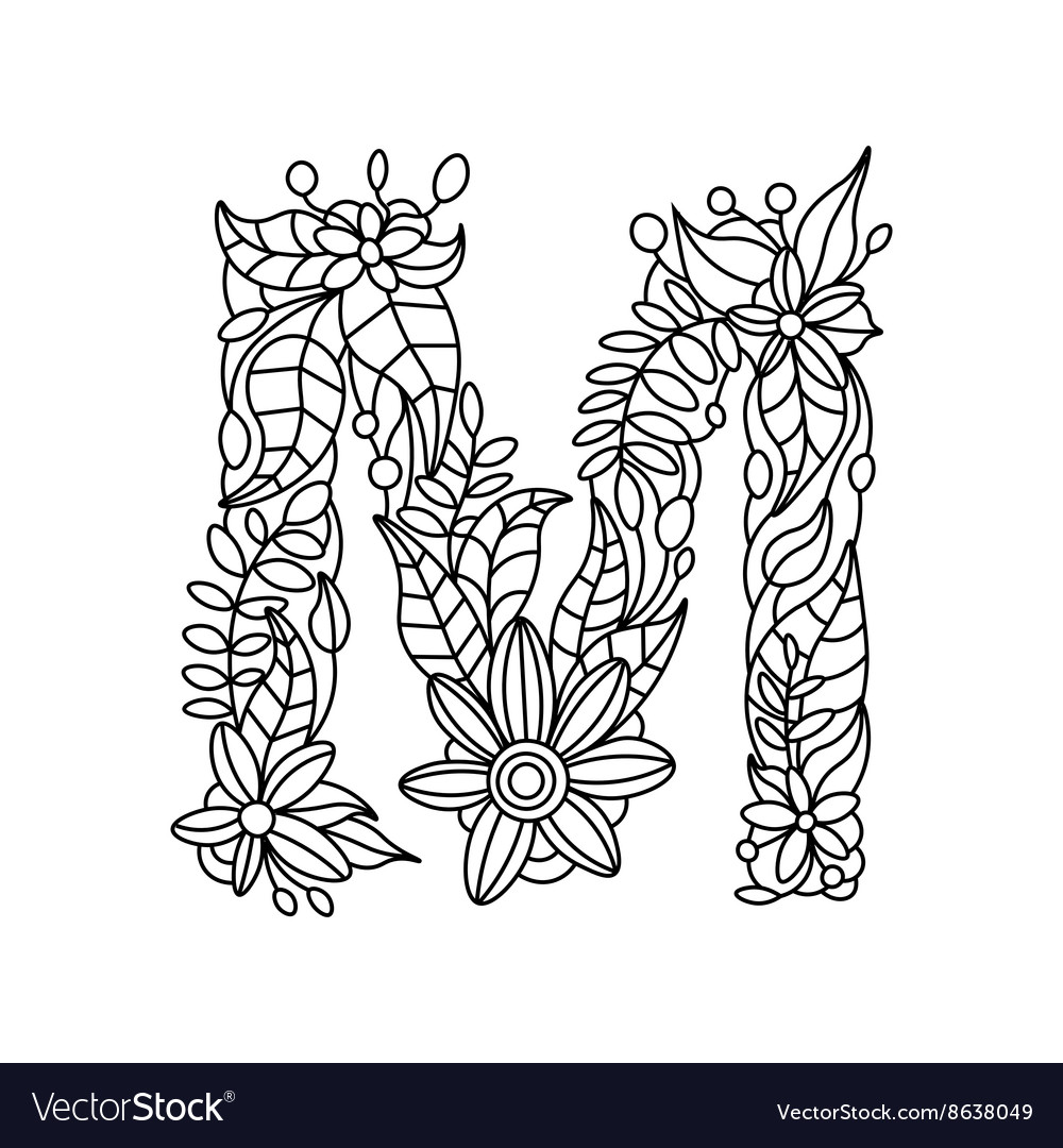 Letter M coloring book for adults Royalty Free Vector Image