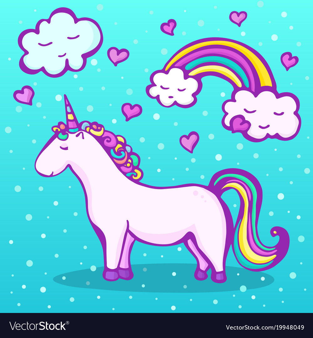 Sweet Unicorn On A Blue Background With Rainbow Vector Image