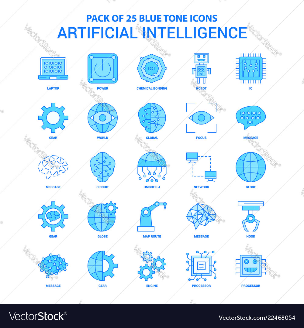 Artificial intelligence blue tone icon pack - 25