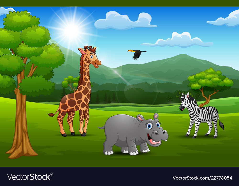 Cartoon wild animal in the jungle with a mountain