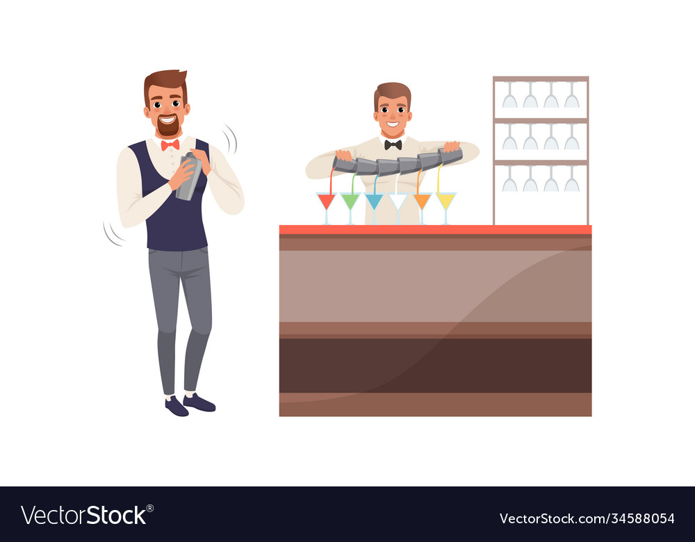 Man bartender standing at bar counter mixing