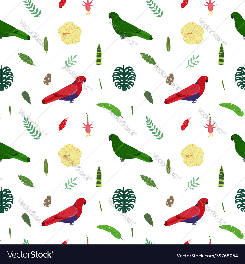 Seamless pattern with eclectus parrots in red Vector Image Seamless pattern with eclectus parrots in red