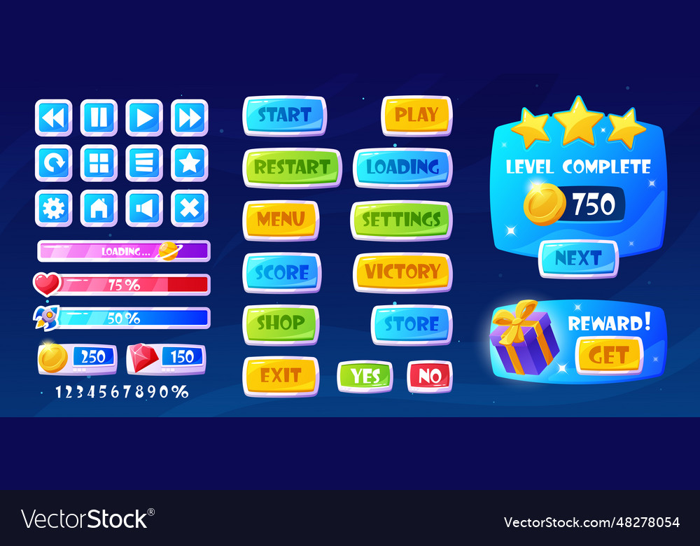 Space game ui menu interface cartoon buttons vector image Space game ui menu interface cartoon buttons