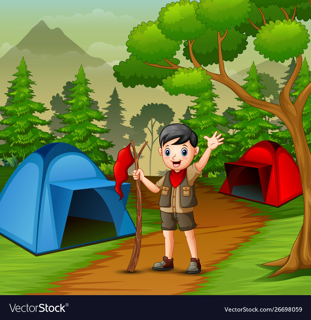 Happy scout boy camping in forest Royalty Free Vector Image