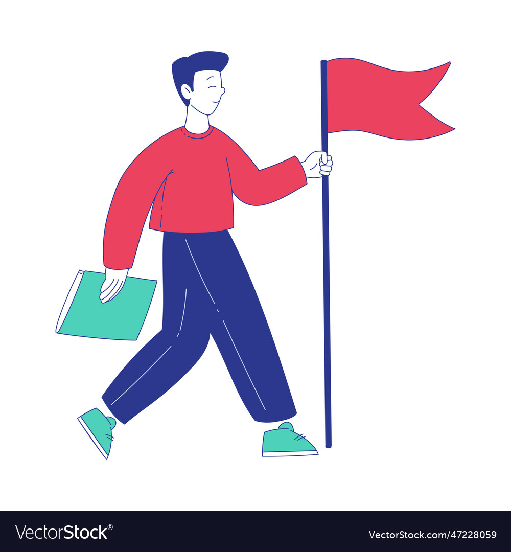 Man character with flag moving forward achieving vector image Man character with flag moving forward achieving