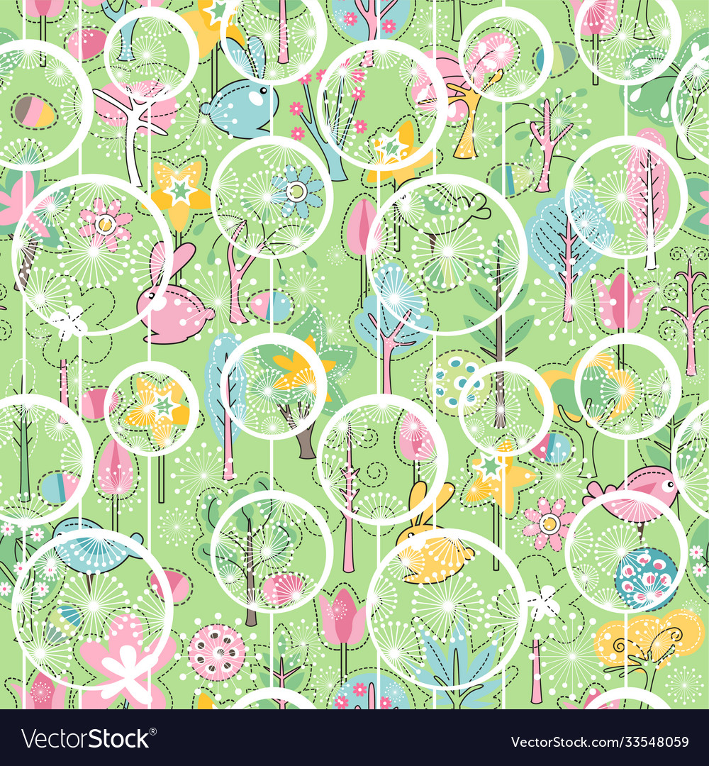 Seamless spring pattern with stylized green trees