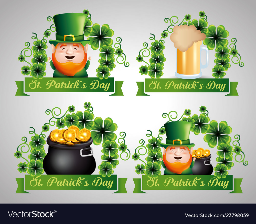 Set label with st patrick elf and beer gold