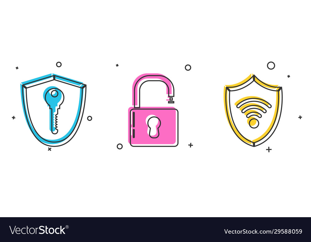 Set shield with key open padlock vector image Set shield with key open padlock
