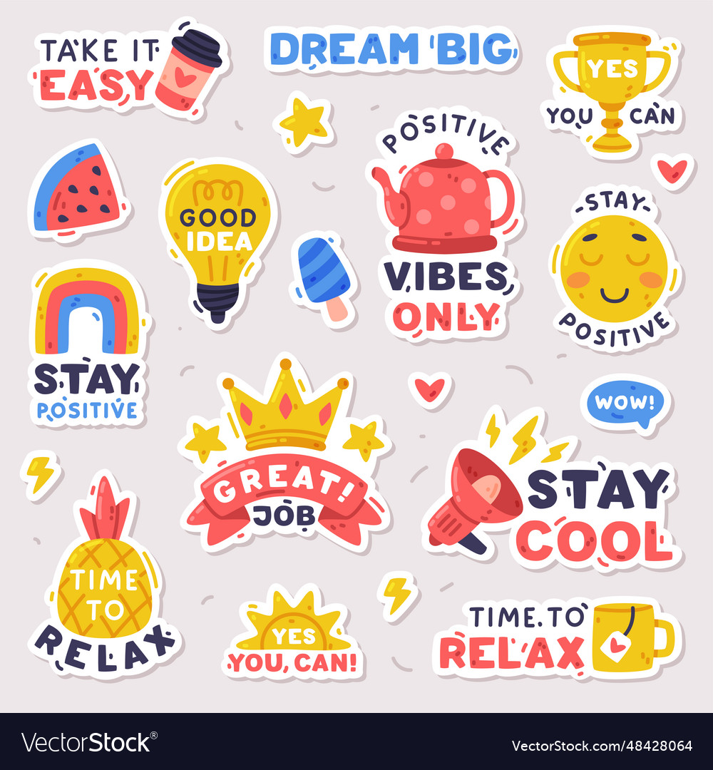 Bright stickers design with positive saying vector image Bright stickers design with positive saying
