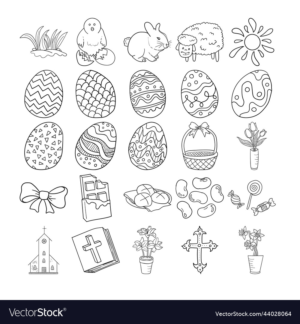 Easter hand drawn doodle line art outline set Vector Image