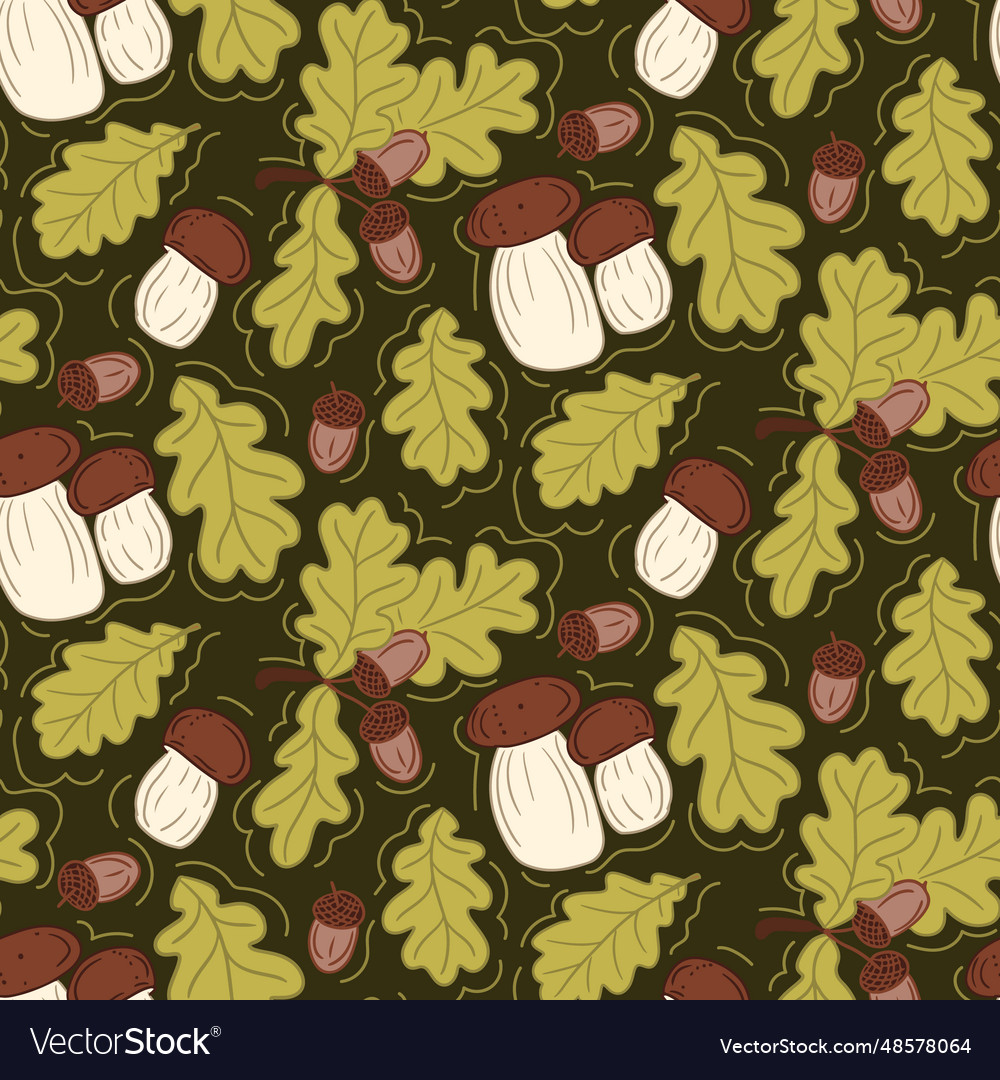 Flat seamless pattern with boletus and oak tree