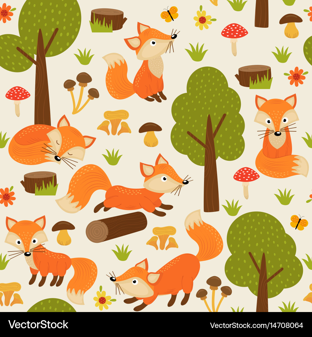 Seamless pattern with fox in forest Royalty Free Vector