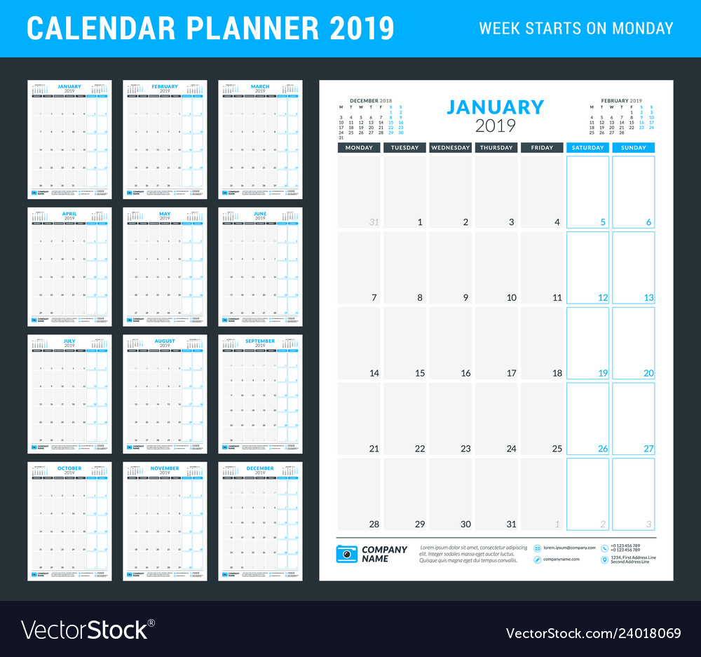 Calendar planner for 2019 year stationery design Vector Image