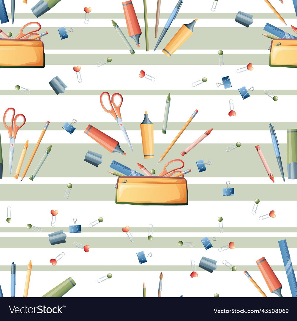 Seamless pattern with pencils markers scissors