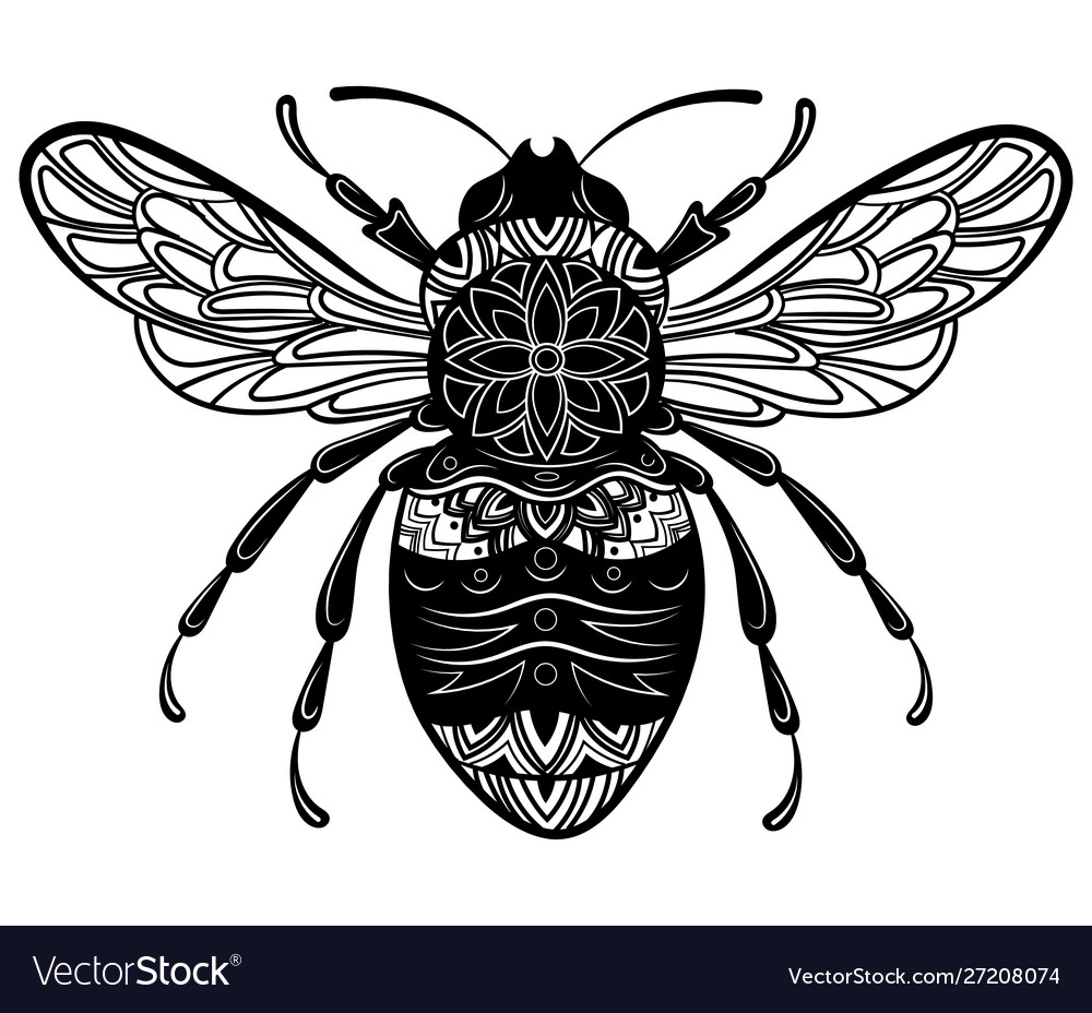 Bee with patterns black white bee with ornaments Vector Image