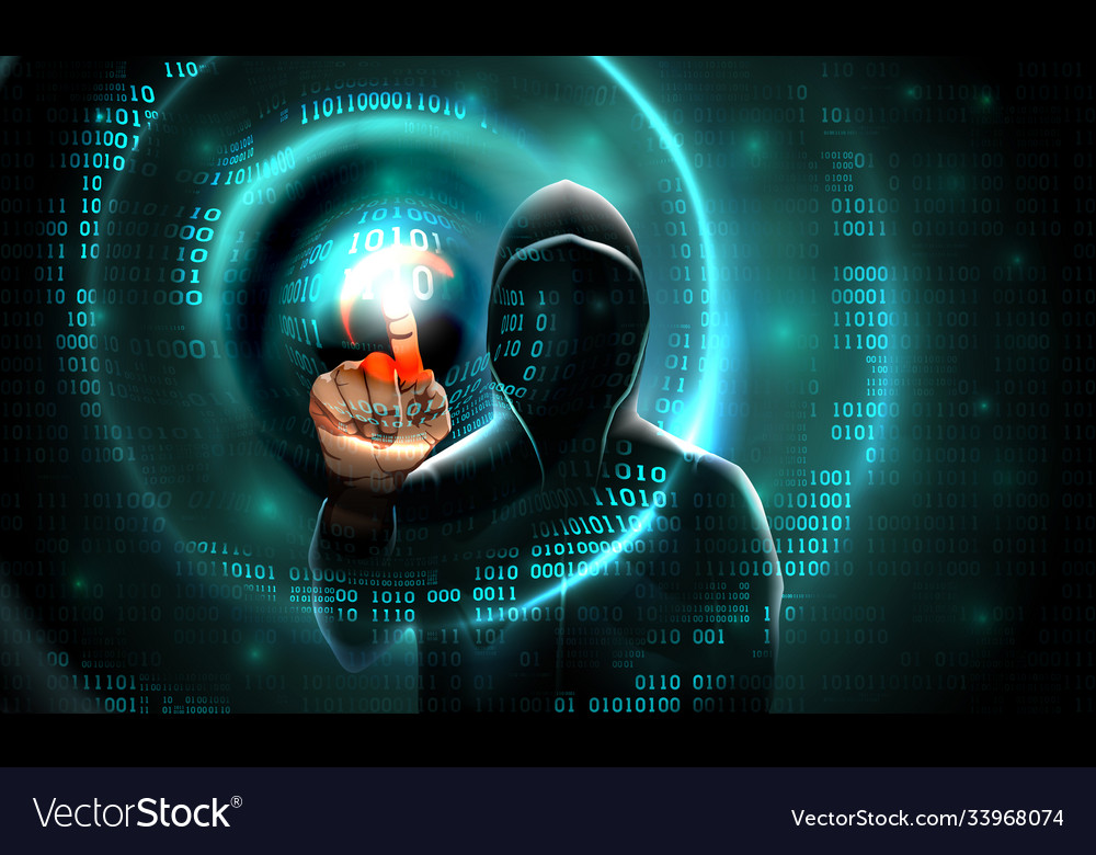 Computer hacker with a hood touches touch vector image Computer hacker with a hood touches touch