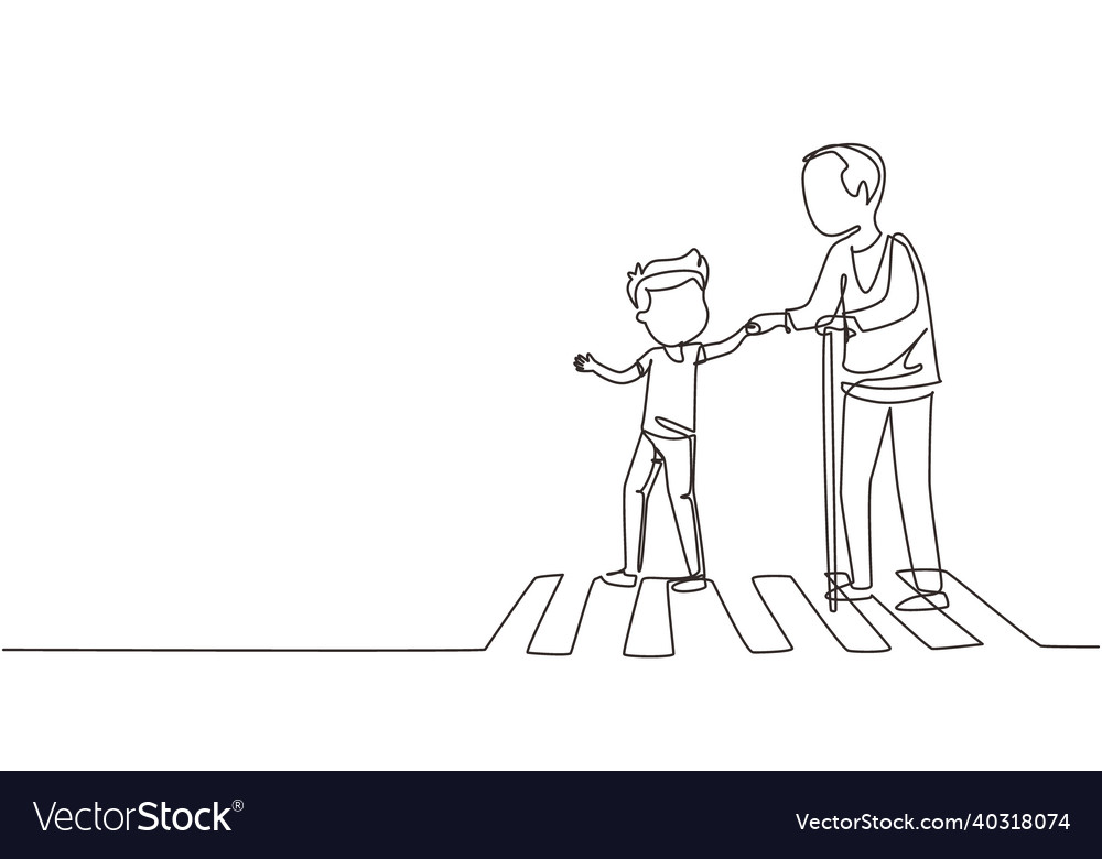 Single continuous line drawing happy boy helps Vector Image