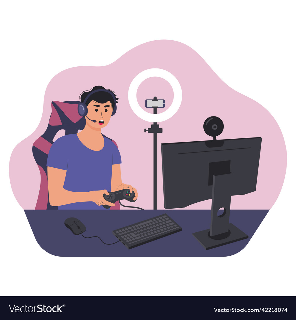 Streamer playing an online video game on computer Vector Image Streamer playing an online video game on computer