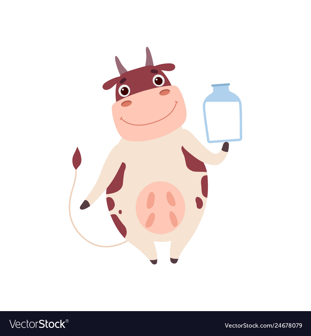 Cute smiling cow standing on two legs and holding Vector Image