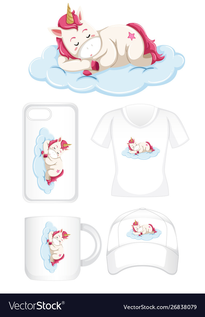 Graphic design on different products with unicorn Vector Image Graphic design on different products with unicorn